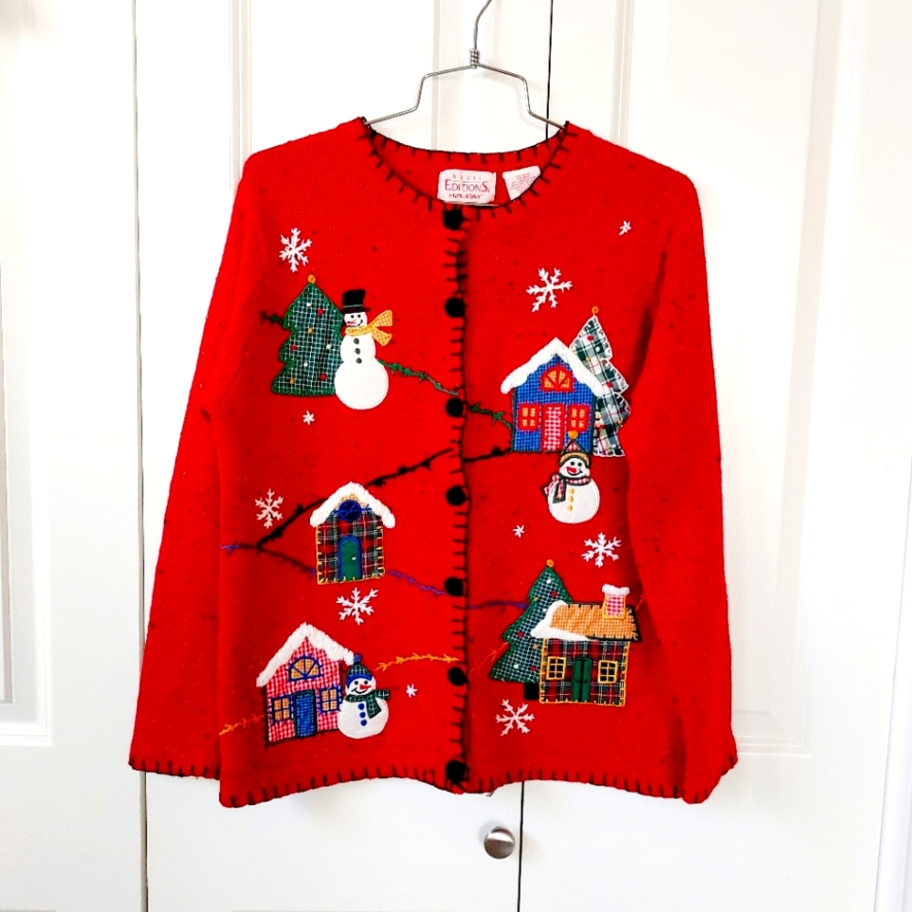 Christmas Snowman Village‎ Vintage Cardigan Sweater size Small Winter Holiday